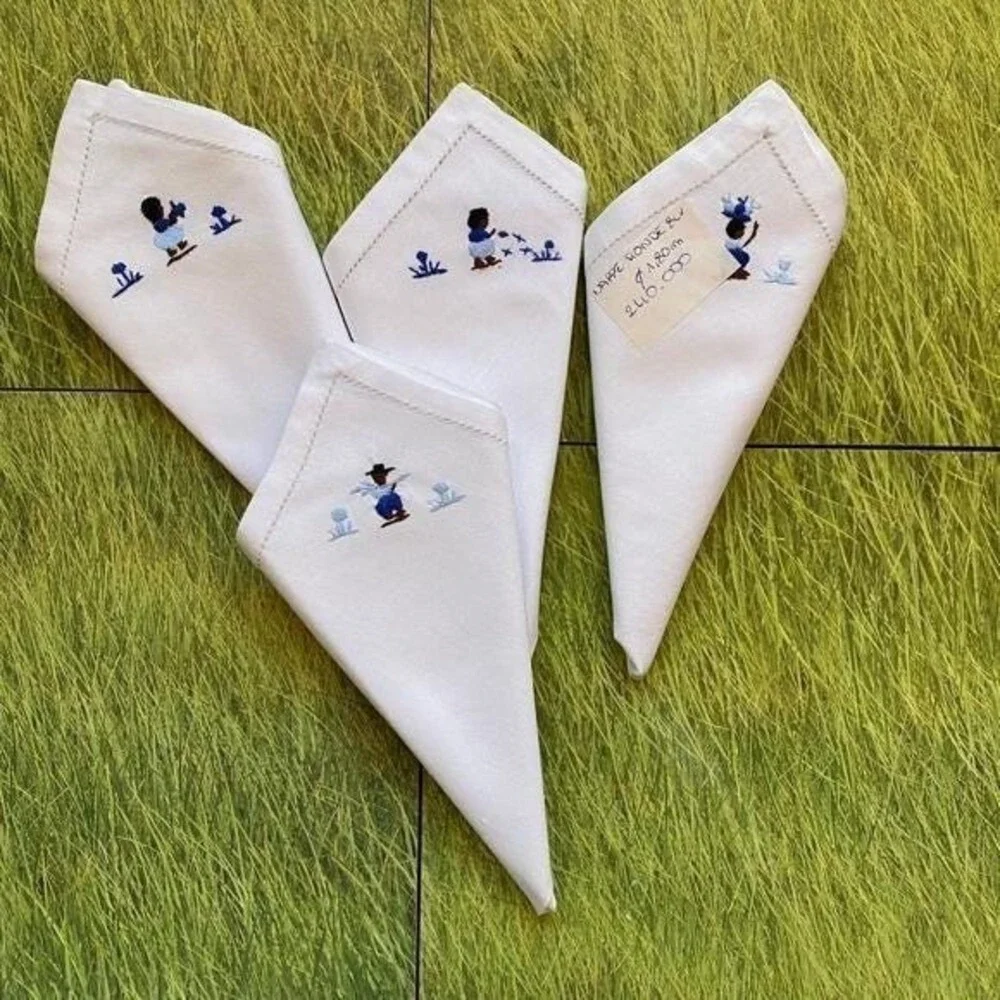 Vintage Hand-Embroidered Linen‎ Napkins – Whimsical Folk Art Figures – Set of 4